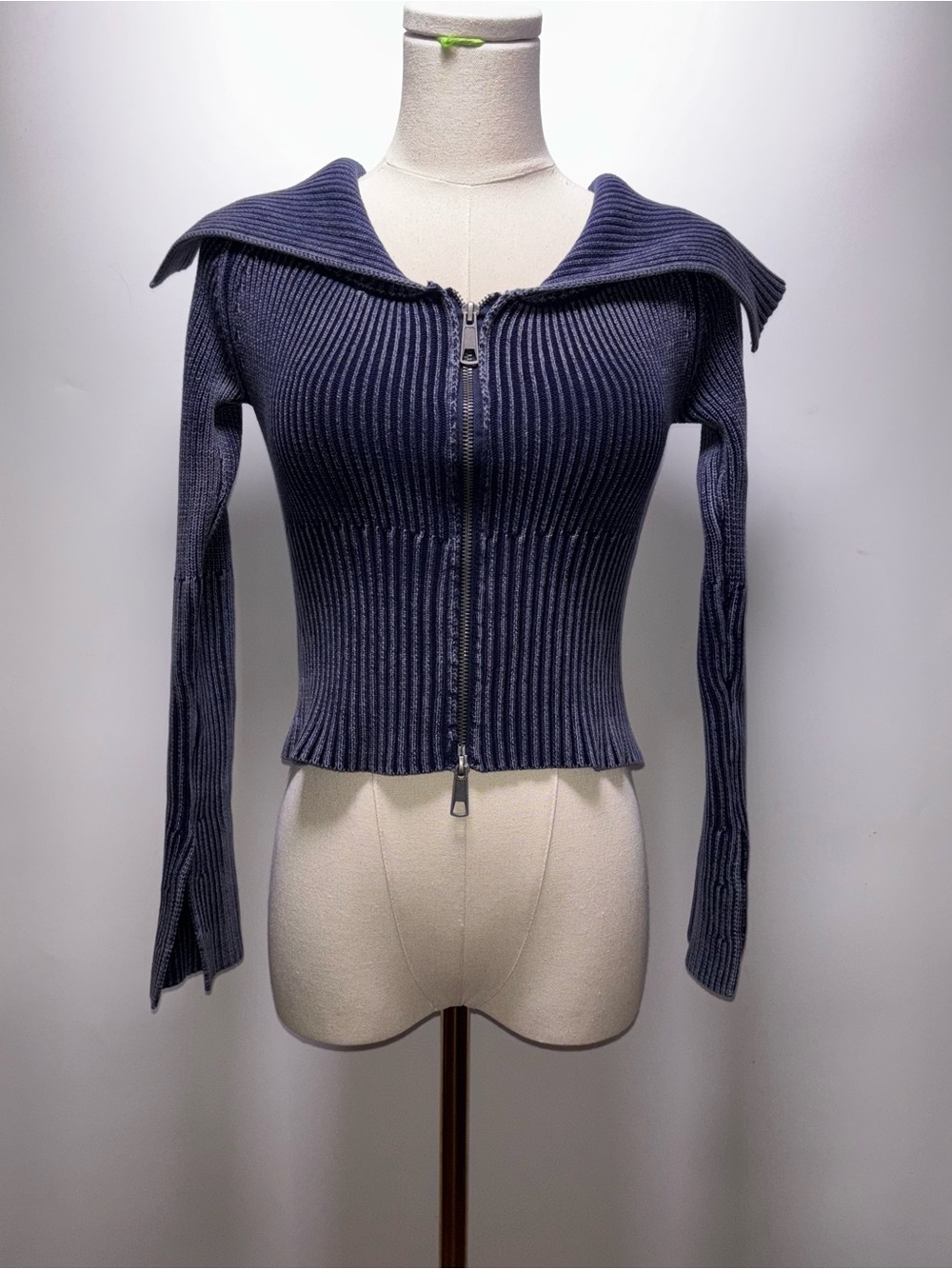 Fashion Nova Navy Ribbed Zip-Up Sweater with Wide Collar Size L